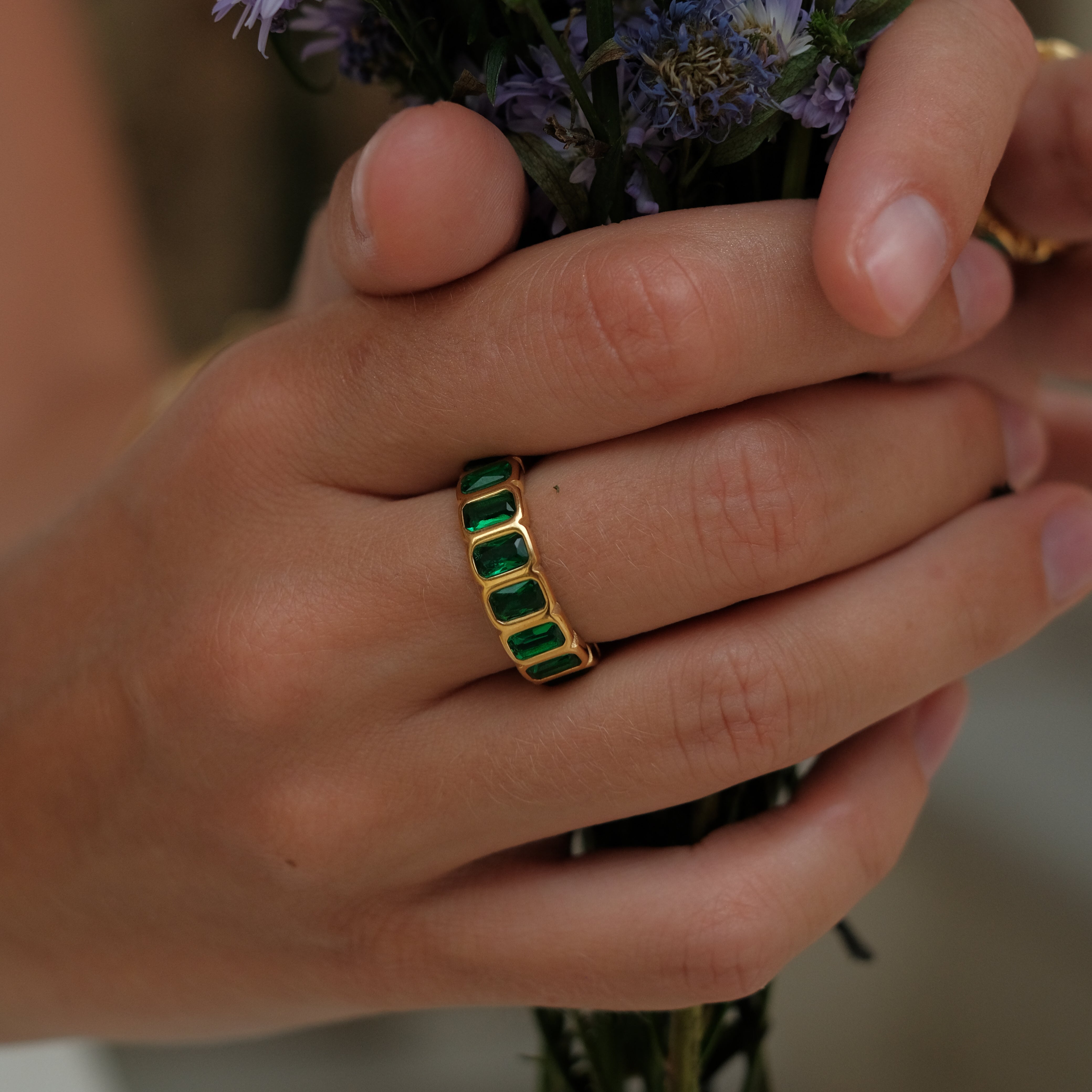 Elena Emerald Eternity Ring by Lucy Luna Jewellery, alternate view 3