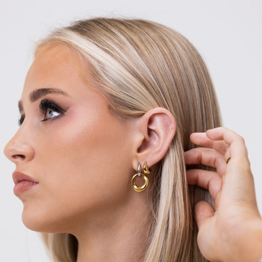 Emery Two-Tone Interlock Huggies by Lucy Luna Jewellery, alternate view 8